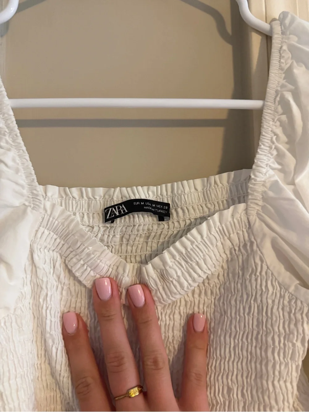 Zara White Smocked Puff Sleeve Peasant Top
